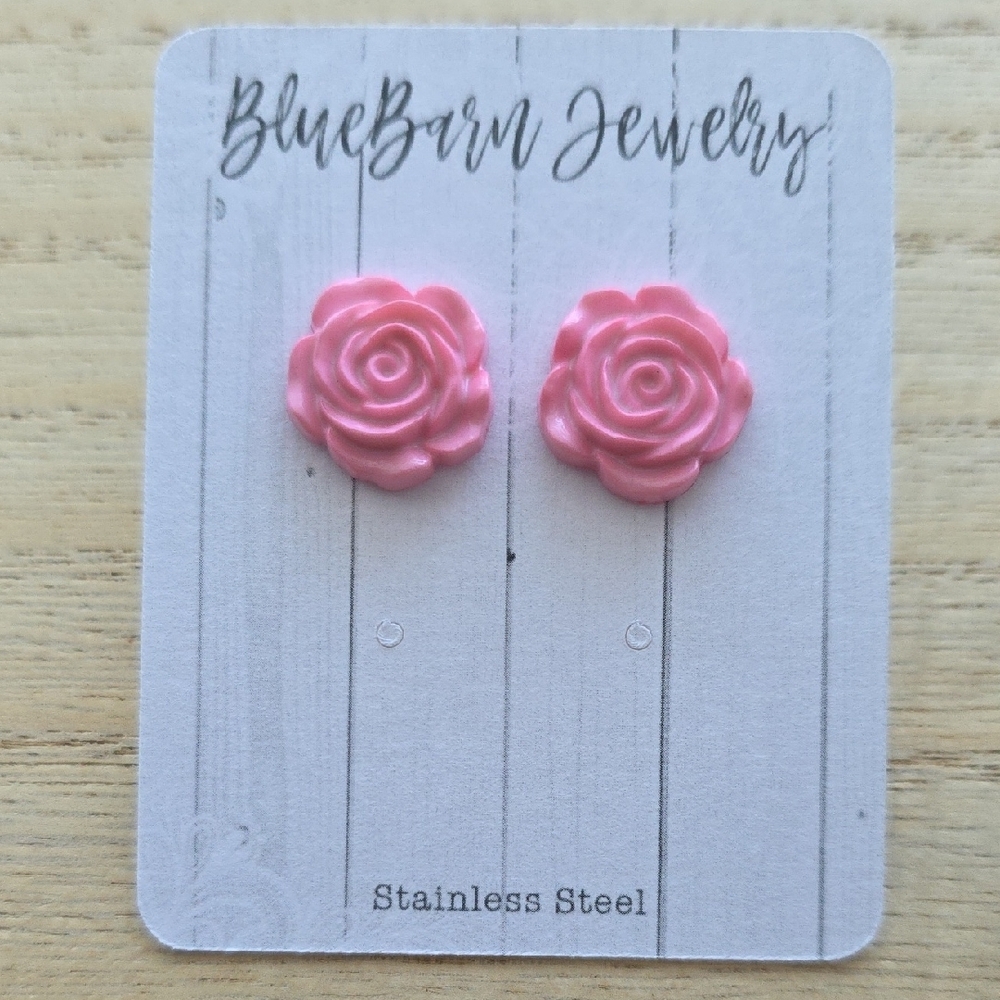 Pink Rose Floral Stud Earrings